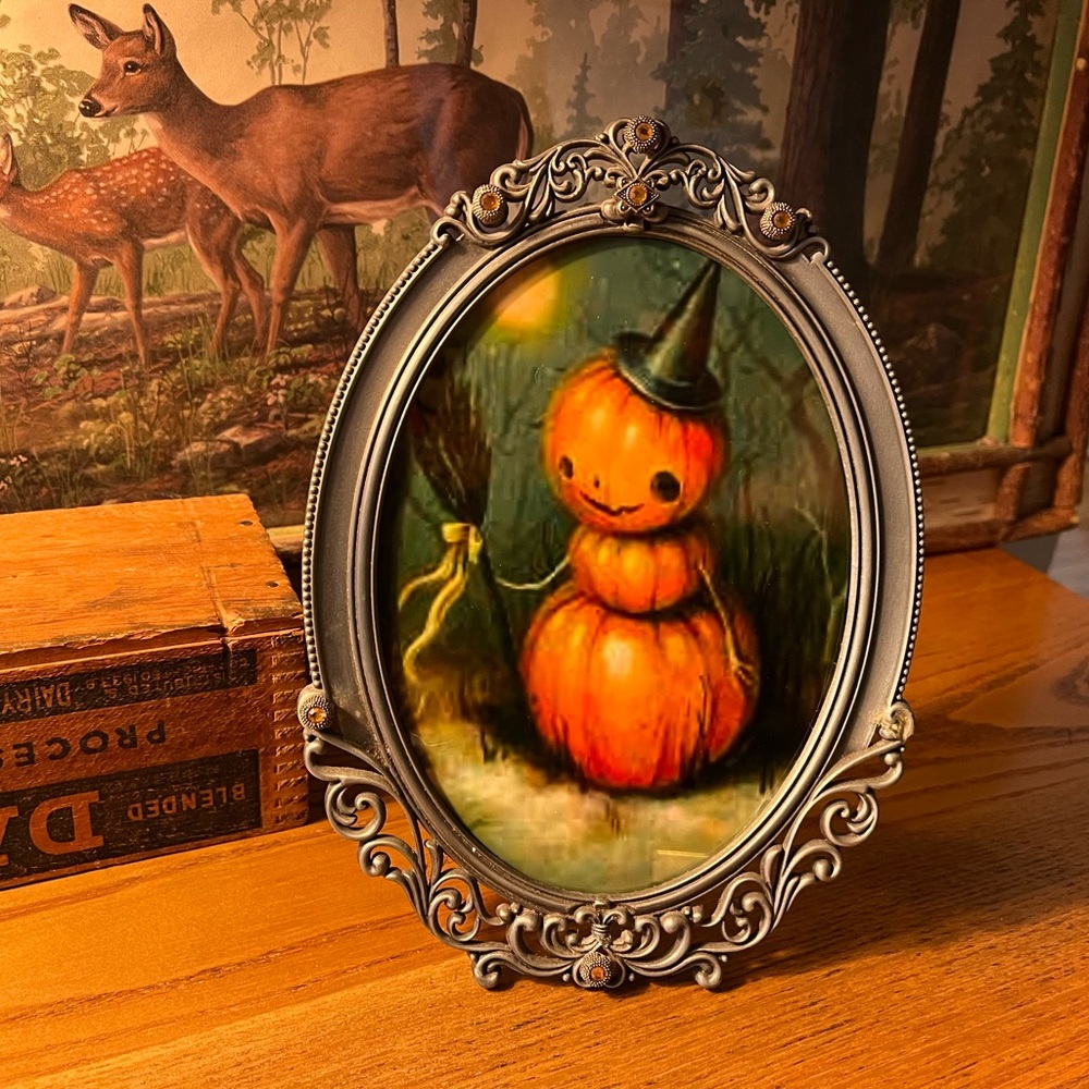 Vintage Style Halloween Pumpkin Art in Ornate recycled Frame